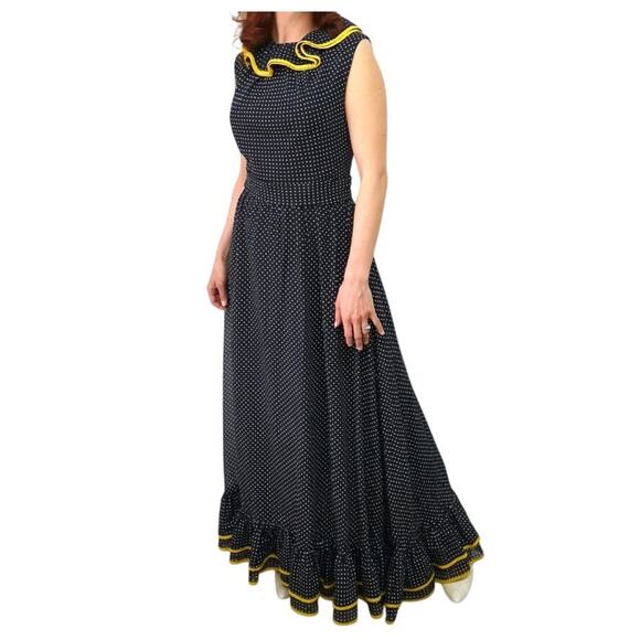 Vintage Miss Elliette VTG Maxi Dress Polka Dot Ruffle Peter Pan Collar Bow 60s - Picture 3 of 13
